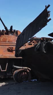 Vertical Video of a Destroyed Military Hardware in Bucha Ukraine alt
