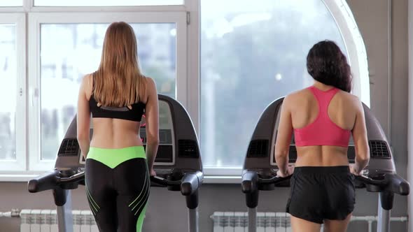 Two Young Athletic Women Walking on a Treadmill at Gym. Fitness and Healthy Lifestyle Concept.