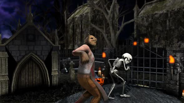 Butcher killer and skeletons dancing thriller in a graveyard alt