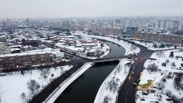 Winter aerial view to Kharkiv city river pattern