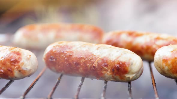 Delicious Juicy Sausages, Cooked on the Grill with a Fire alt