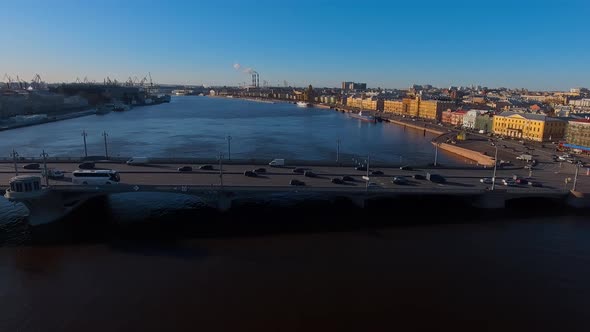 Drone Flight Over the Drawbridge Blagoveshchensky in the Morning Busy Traffic on the Bridge alt