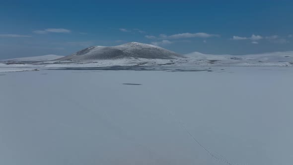 Aerial view of frozen Lake Madatapa in Javakheti National park, Georgia
