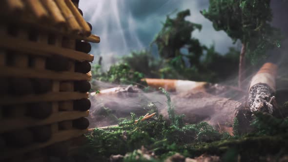 Scene with toy match building in smoke and stubs in forest alt