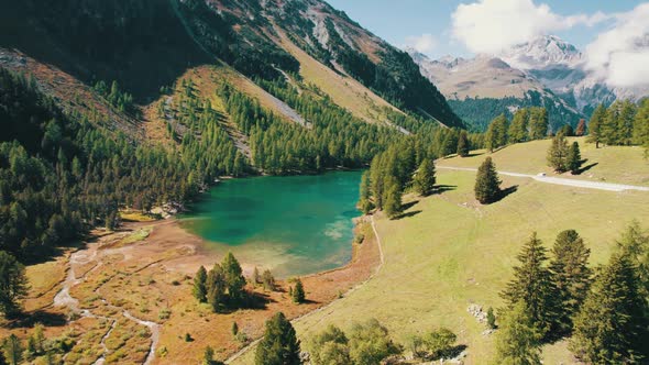 Aerial View Mountain Valley with Alpine Palpuogna Lake in Albulapass Swiss Alps alt