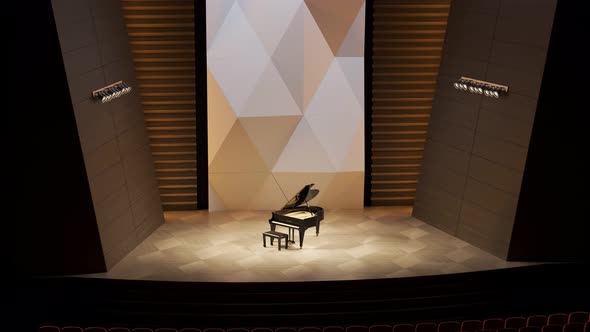 Luxury Grand Piano on stage in a big contemporary, modern concert hall. 4K HD