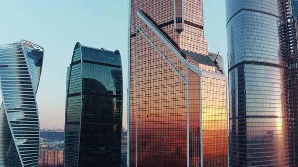 Office Skyscrapers in Moscow Business Centre at Sunset, Aerial View alt
