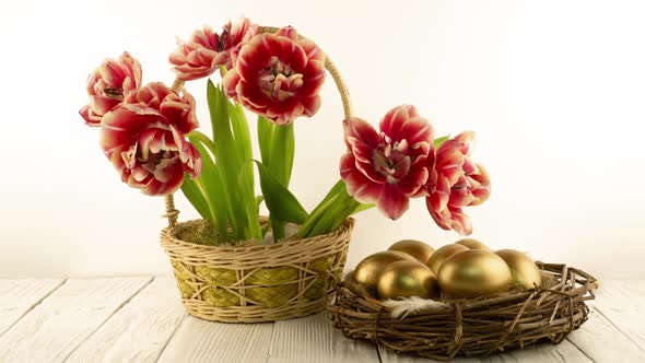 Beautiful Bouquet of Red Tulips Flowers in a Basket and with Easter Golden Eggs in the Nest on a alt