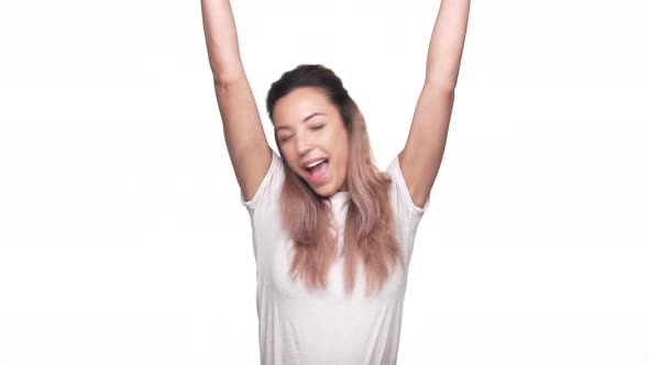 Portrait of Fabulous Adult Woman with Dyed Hair Sarcastically Rejoicing and Having Mood Waves Over alt