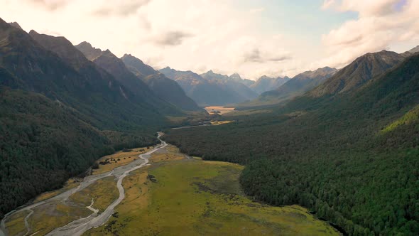 Aerial view of scenic Eglinton Valley during the sunset, New Zealand. alt