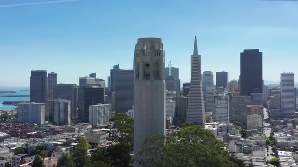 Aerial Coit Tower Downtown Skyscrapers with San Francisco Bay Water Background alt