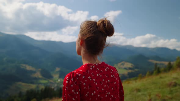 Woman Looking Mountains Scenery Close Up alt