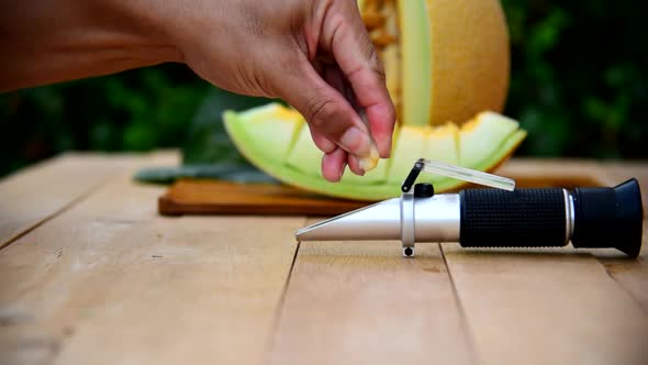 Drop the juice of fresh melon for test sweet level alt