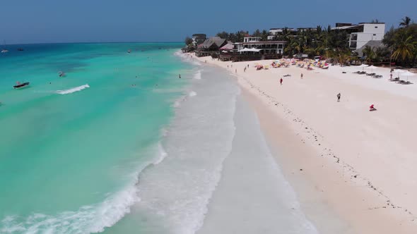 Aerial View Paradise Sandy Beach with Clear Turquoise Ocean Zanzibar Africa alt