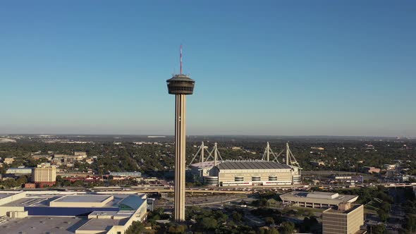 San Antonio Aerial of Tower of the Americas and Alamo Dome alt