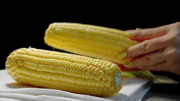 Women's Hands Put a Harvest of Golden Corn Peeled From the Field on the Table alt