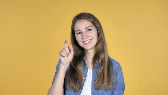 Contact Us Call Me Gesture By African Girl Yellow Background alt