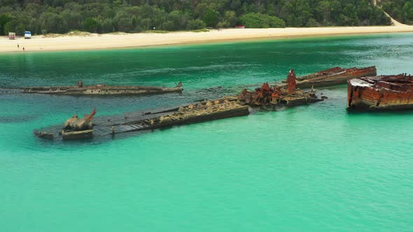 Shipwrecks made into dive site, Clear water, beautiful Queensalnd, Australia Moreton Island, Drone f alt
