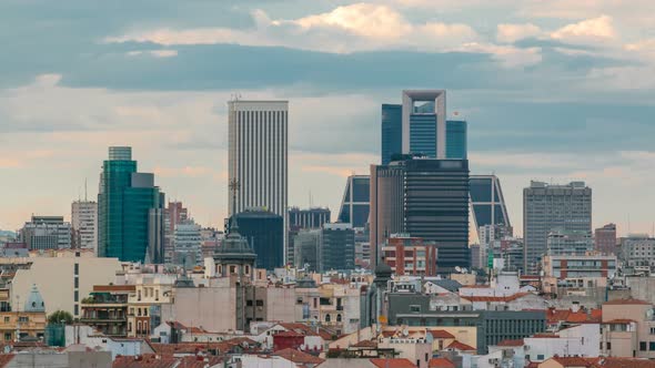 Madrid Skyline at Sunset Timelapse with Some Emblematic Buildings Such As Kio Towers alt