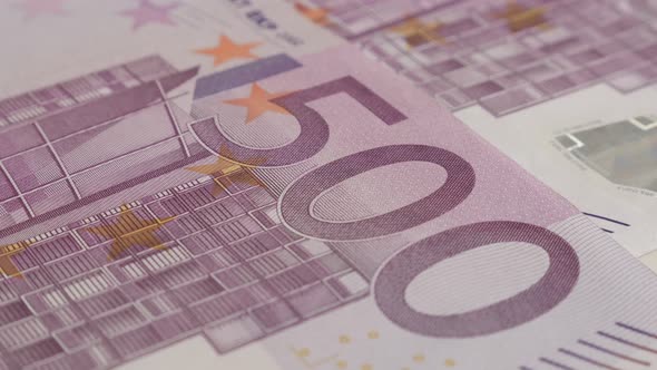 Shallow DOF Euro currency in 500  denominations 4K 2160p 30fps UltraHD tilting footage -  European U alt