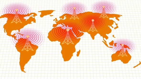 Brown Color World Map Network Tower Wave Animation on White Background alt