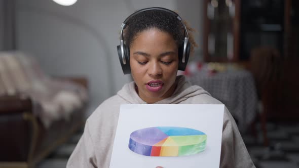 Web Conference POV of Confident Professional African American Woman in Headphones Talking Pointing alt