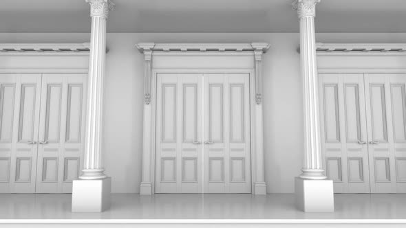 Doors leading to an endless white hall with columns