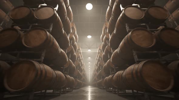 Alcohol storage. Old whiskey or wine barrels stacked in rows at the warehouse. alt