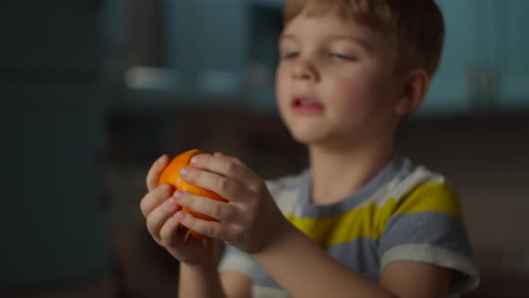 Preschooler Boy Playing with Two Halves of Orange Fruit in Hands at ...