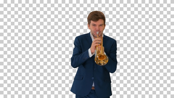 Young man in suit playing a trumpet while walking, Alpha Channel alt