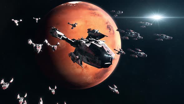 Sci-Fi Battleship Fleet in Mars Orbit