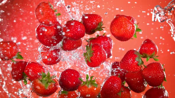 Super Slow Motion Shot of Flying Fresh Strawberries and Water Side Splash at 1000 Fps alt