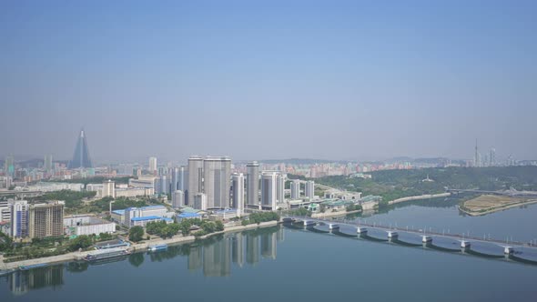 Panoramic view of Pyongyang and the Taedong river in the morning.  DPRK - North Korea