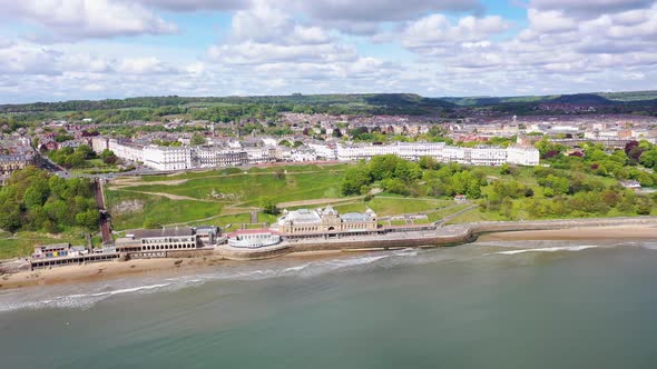 Aerial footage of the beautiful seaside coastal town of Scarborough in the North Yorkshire  alt