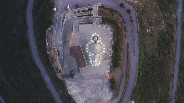 Senhora da Graca church drone aerial view in Mondim de Basto landscape at sunset, in Portugal alt