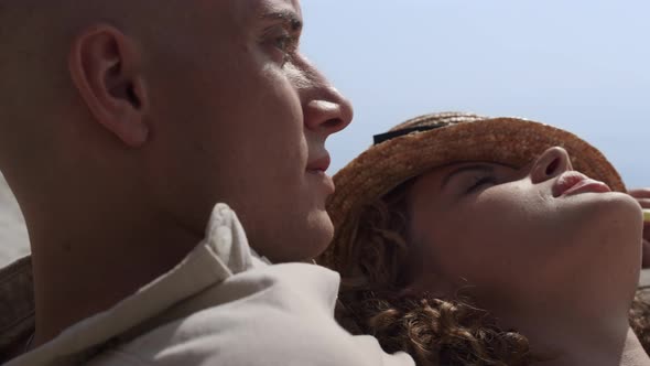 Peaceful Couple Enjoy Calm Leisure on Sand Beach Summer Weekend Close Up alt
