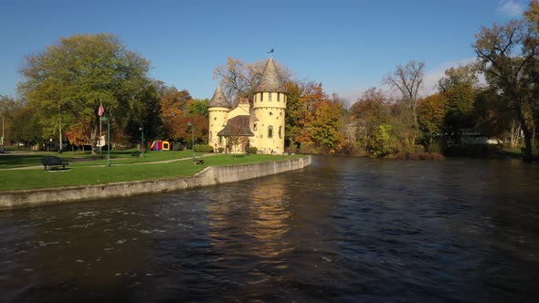 Curwood Castle in Owosso, Michigan with drone shot zooming in. alt