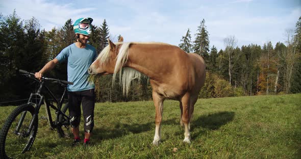 Downhill biker feeding a brown horse with a hand full of grass. alt