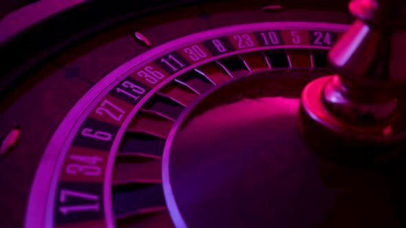 Rotating Roulette Wheel Close Up in the Rays of Purple Neon Lights alt
