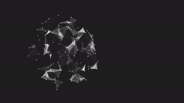 A white sphere of particles and polygons rotates and deforms on a black