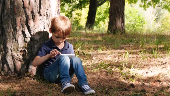 Cute Boy Sitting By a Tree in the Park. Happy Child Enthusiastically Looks at the Screen alt