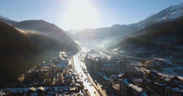 Sochi Adler EstoSadok 22 February 2022 Aerial View of the City Main Road Downtown Mall and Mountains