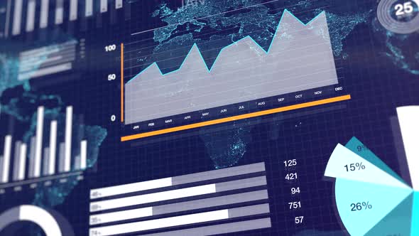3D animation of graphs and charts over globe map background. Blue corporate abstract