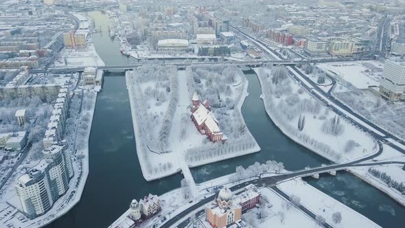 Aerial: The Cathedral in the snow-covered city of Kaliningrad, Russia alt