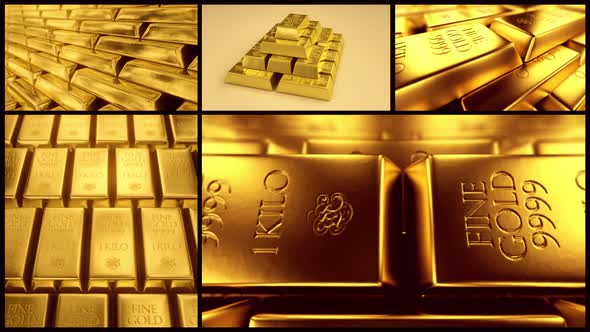 Concurrently footage of five different golden ingots animations. Loopable. HD alt