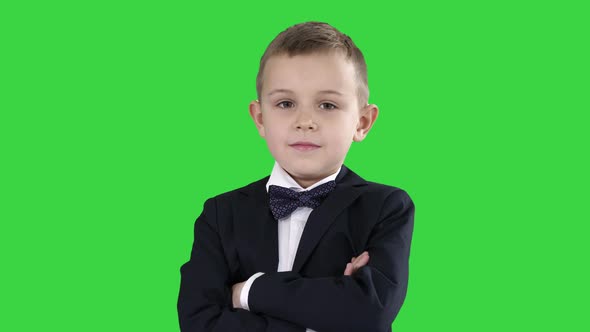 Handsome Child Looking at Camera and Crossing Hands on a Green Screen, Chroma Key. alt