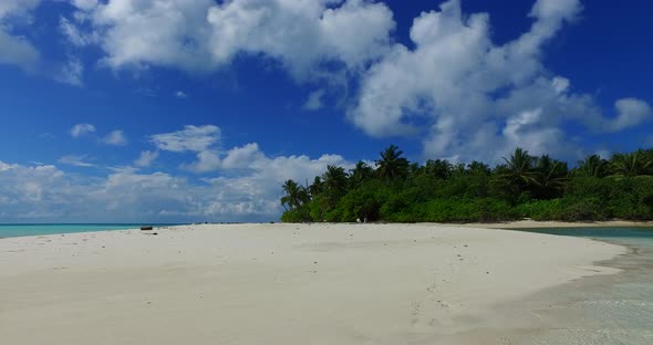 Luxury drone island view of a white sandy paradise beach and aqua blue water background in colourful alt