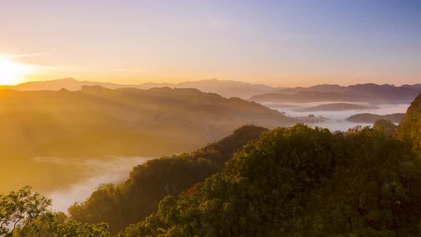 Beautiful landscape sunbeam with fog at morning,