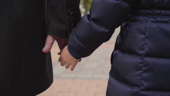 Close-up of a Mature Male Caucasian Hand Taking Child's Palm alt