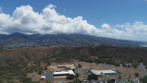 Flyover Factory complex towards Ko Olina Panorama Landscape, Mountain range Background, Hawaii alt